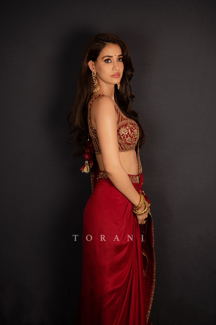 Disha Patani in our Surkh Lasya Saree Set