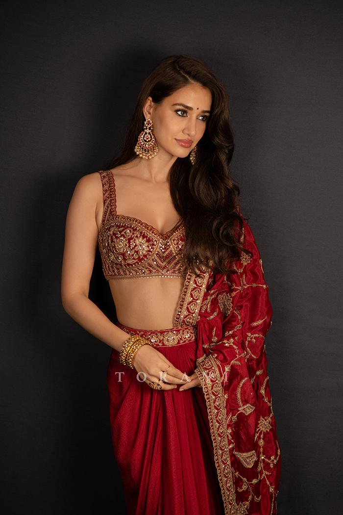 Disha Patani in our Surkh Lasya Saree Set