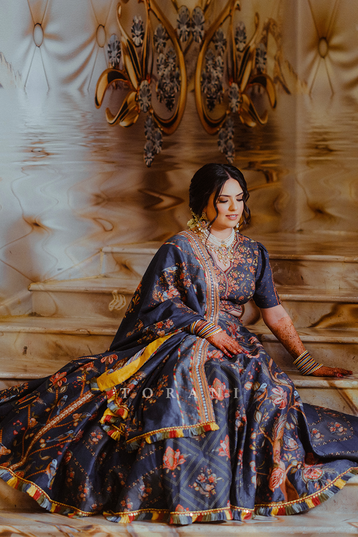 Amrit Gill in our Custom Neelam Multikali Nandini Lehenga Set