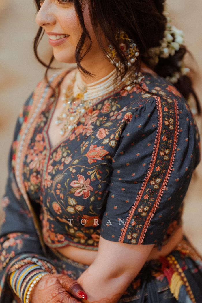 Amrit Gill in our Custom Neelam Multikali Nandini Lehenga Set