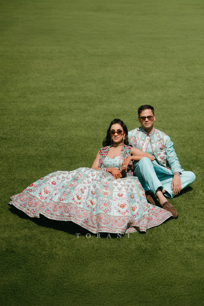 Dhruvi & Shubhankar in our Firoza Dil Nawaz Custom Set