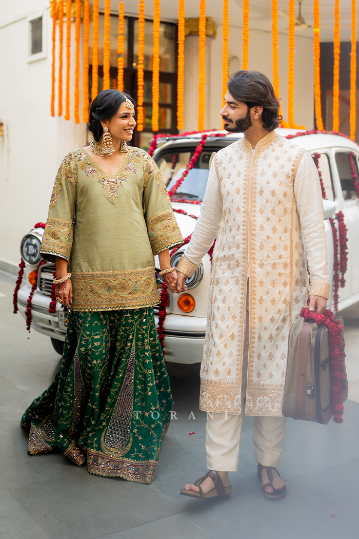 Ashna & Parth in our Custom Sabeena Sharara Set and Mogra Gaurish Kurta Set