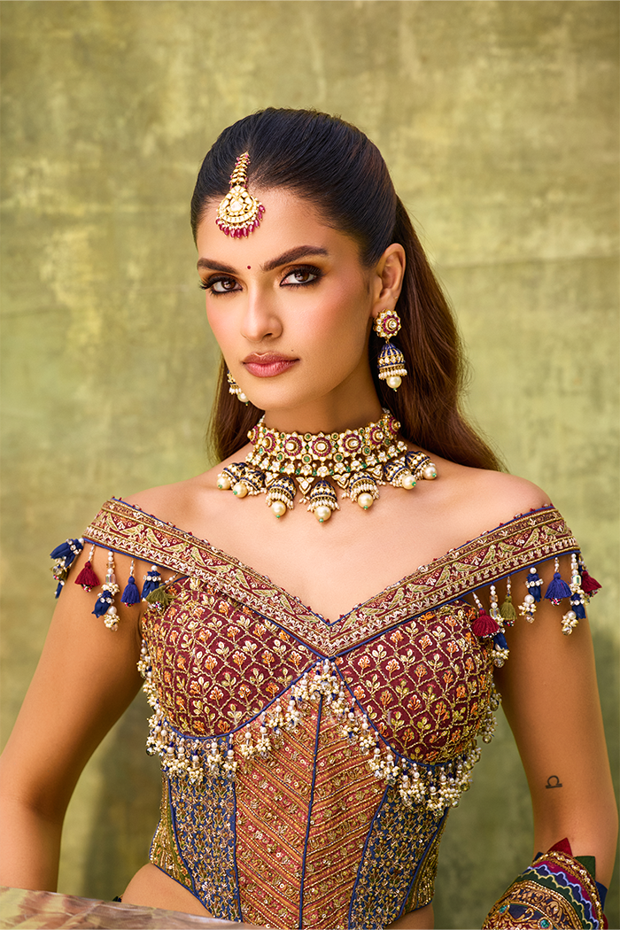 Raunika in our Tanjore Lakshmi Corset Skirt Set
