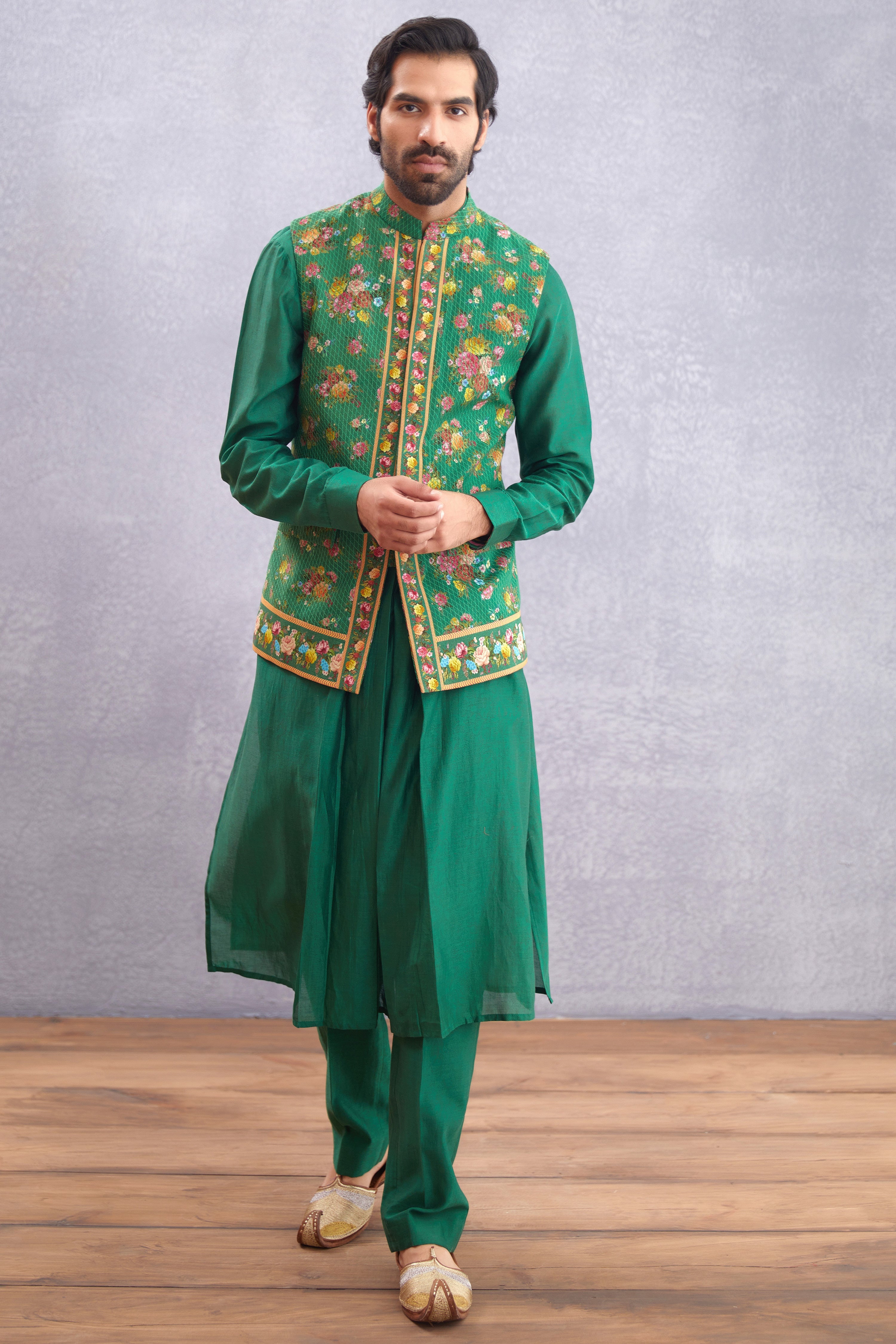 Amandeep Gill in our Panna Waheeda Lehenga Set & Demitri in our Panna Gulfam Bandi Set