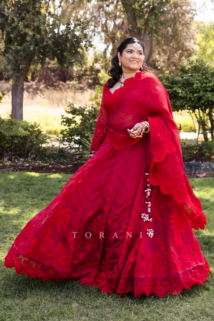 Malvika in our Surkh Indira Pankhuri Lehenga Set