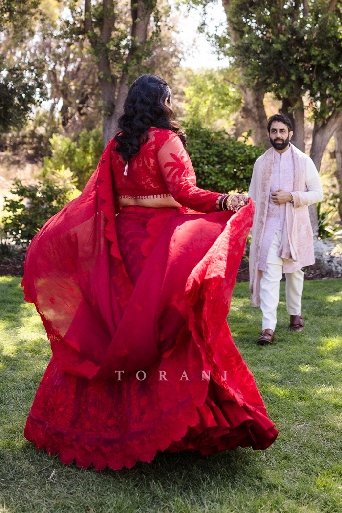 Malvika in our Surkh Indira Pankhuri Lehenga Set