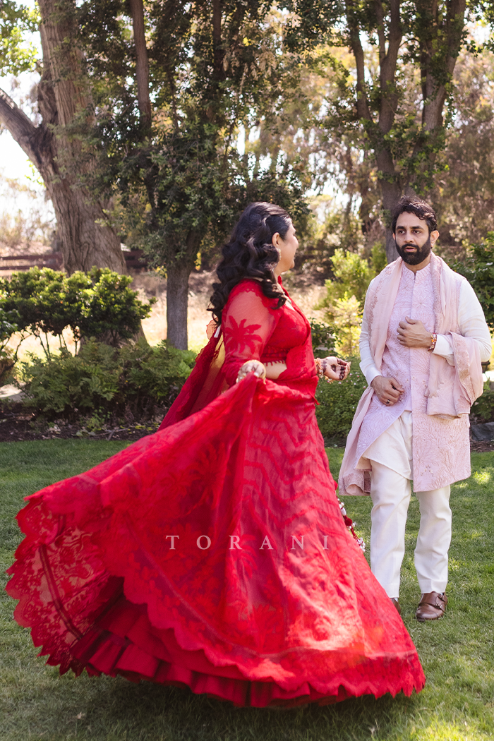 Malvika in our Surkh Indira Pankhuri Lehenga Set