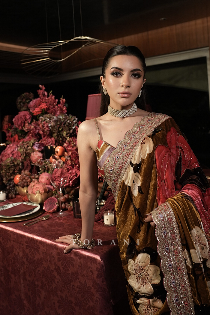 Sonam Babbani in our Aftaabi Rim Rabia Makhmal Saree Set