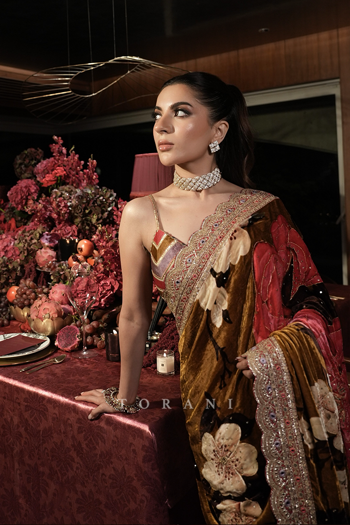 Sonam Babbani in our Aftaabi Rim Rabia Makhmal Saree Set