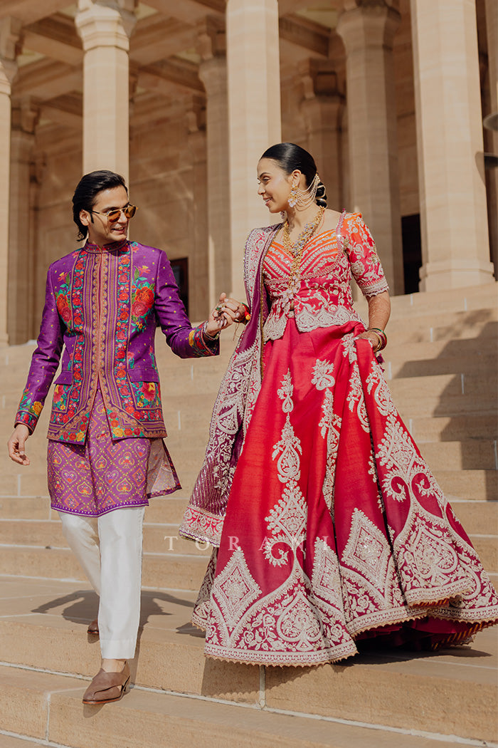 Utkarsha & Pragun in our Custom Hiral Lehenga Set and Dil Kusha Arham Jacket Set