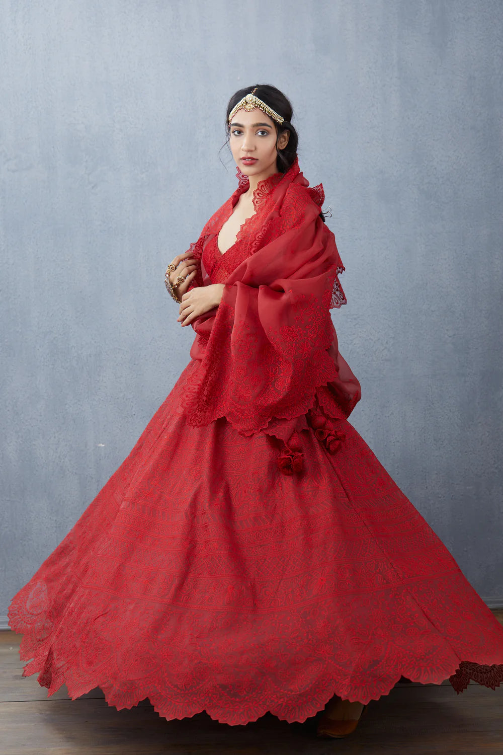 Nicole Mehta In Our Surkh Advaita Lehenga Set