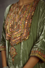 green embroidered kurta set in velvet