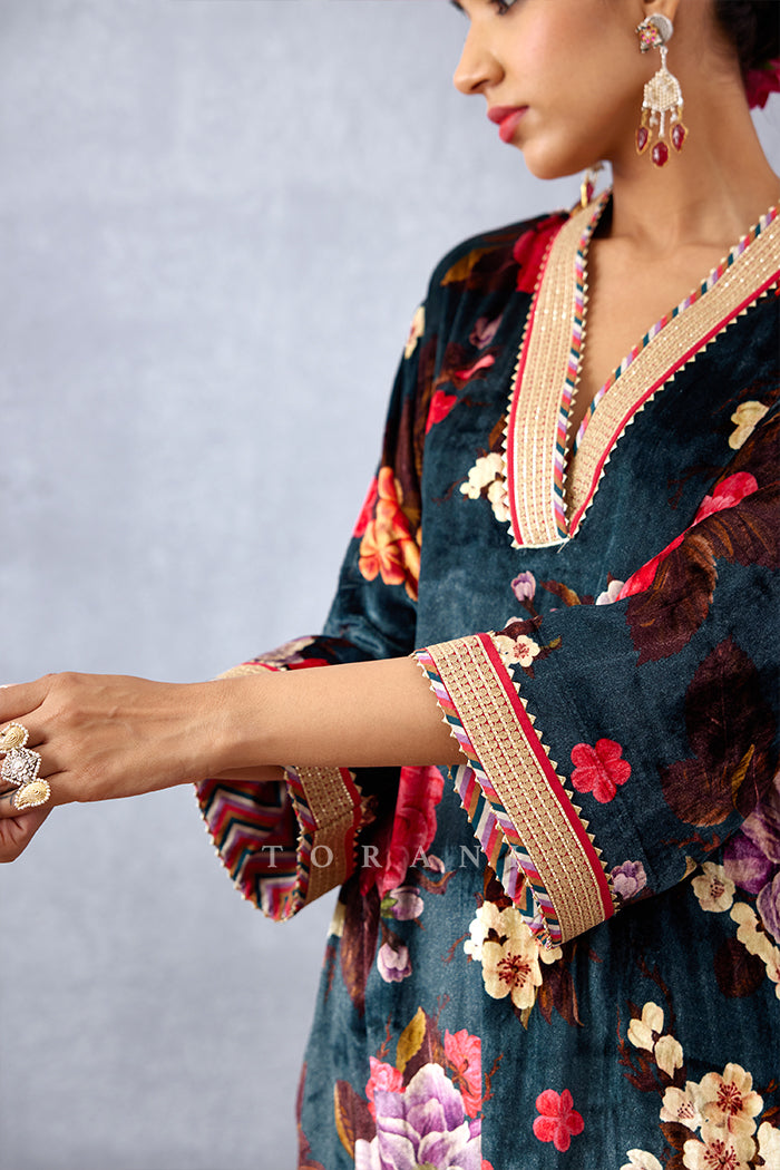 Navy Blue Floral Printed Silk Velvet Kurta Set with wide sleeves