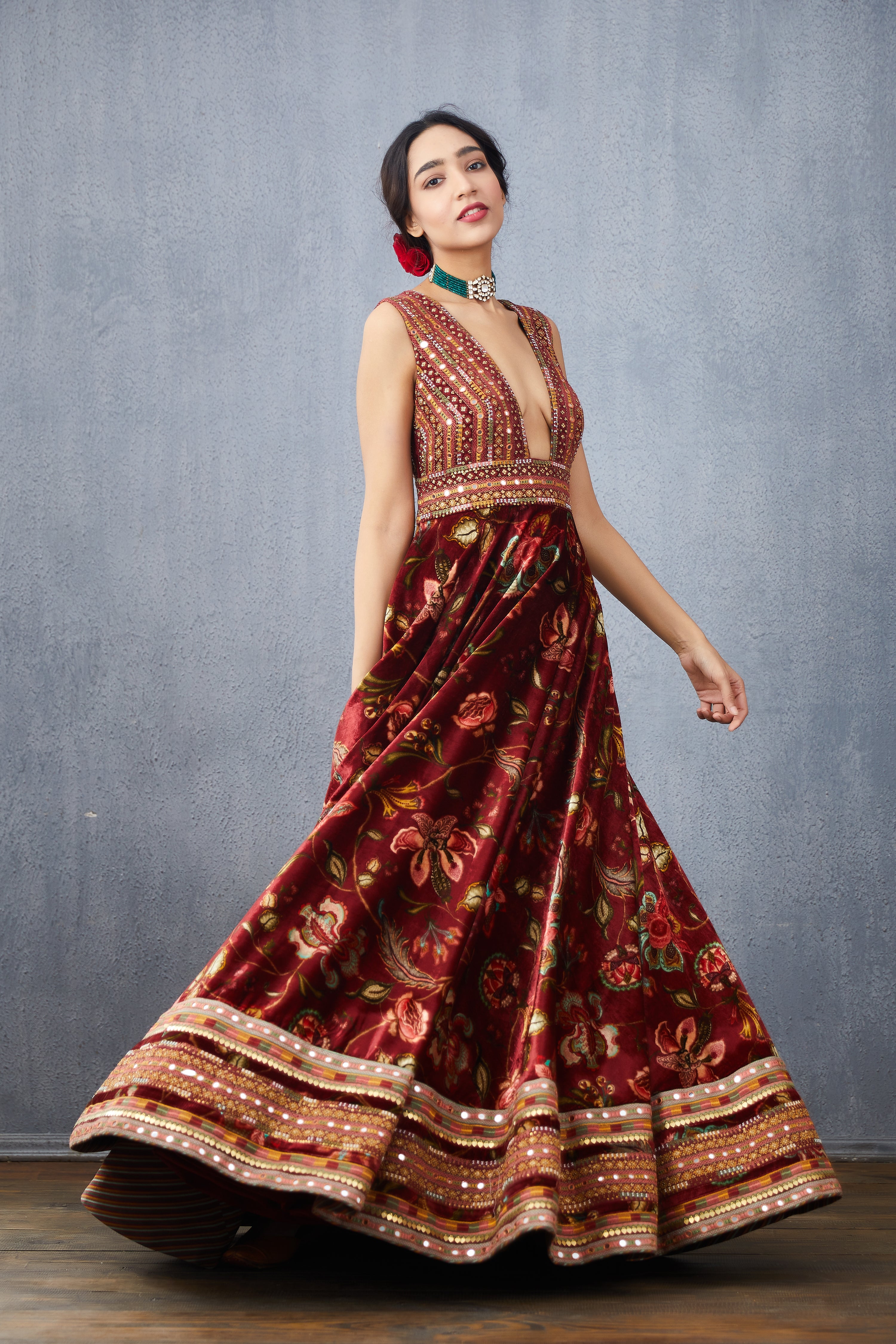 Maroon Anarkali in Silk Velvet