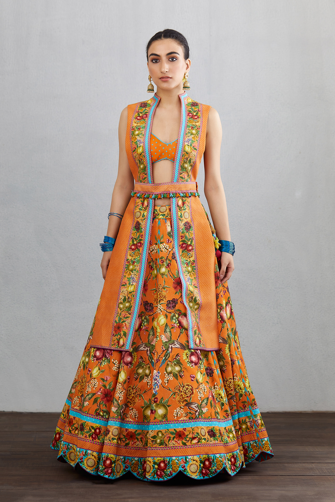 Orange lehenga set in Handwoven chanderi