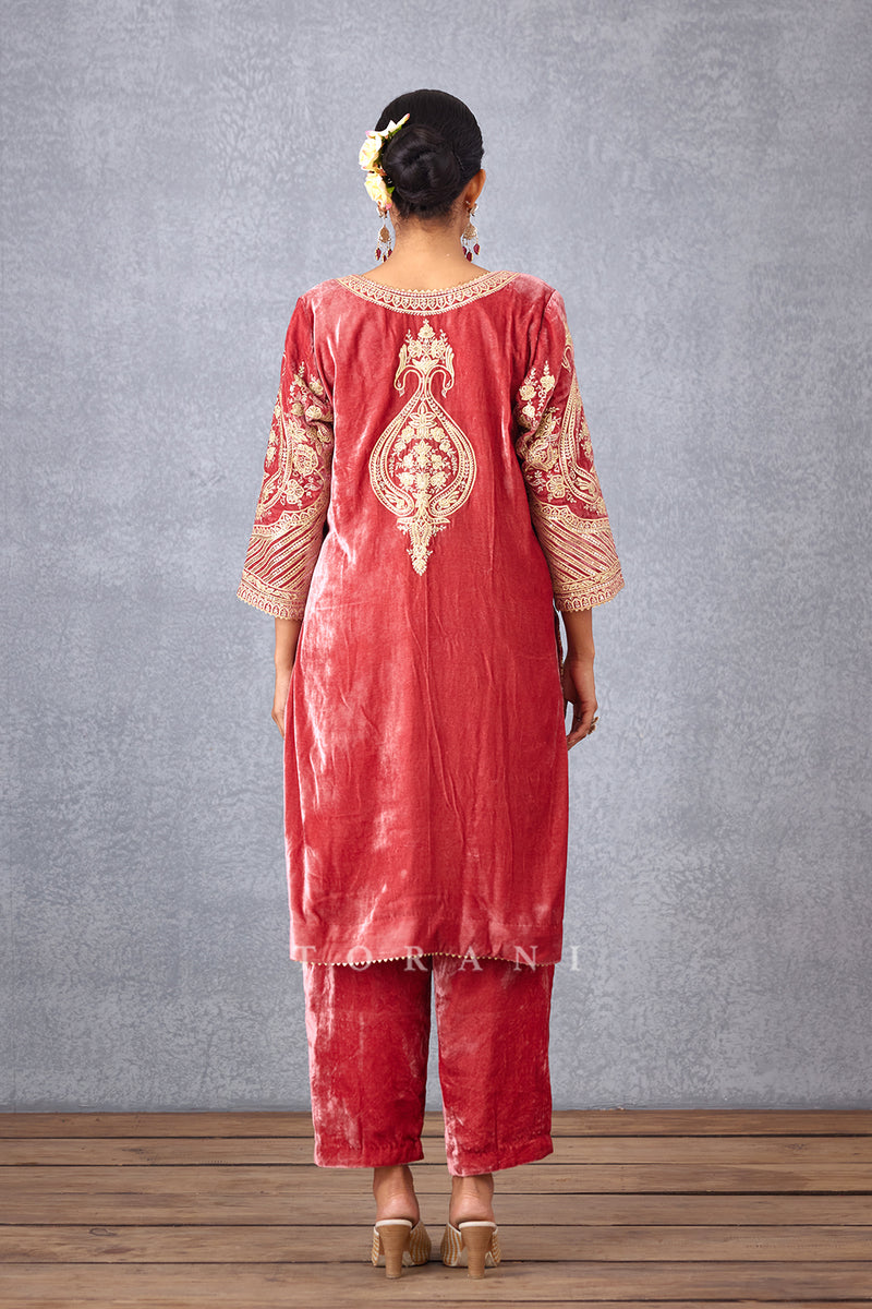 Torani's red embroidered kurta set with pant