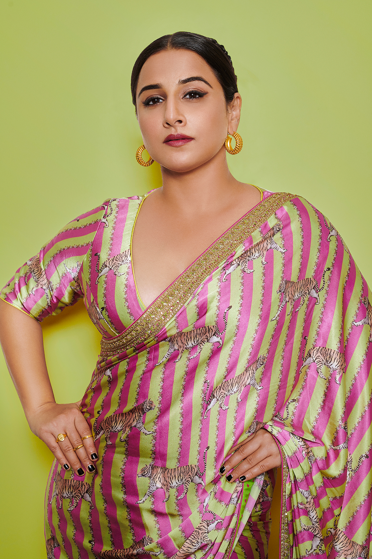 VIDYA BALAN IN TIGER PRINT SATIN SAREE BY TORANI INDIA