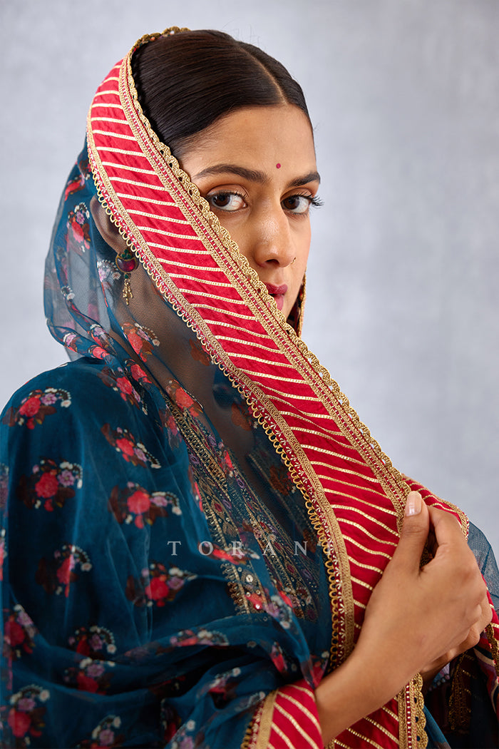 Navy Blue Velvet Kurta Payjama in Silk Velvet with Mirror Work Embroidered Yoke