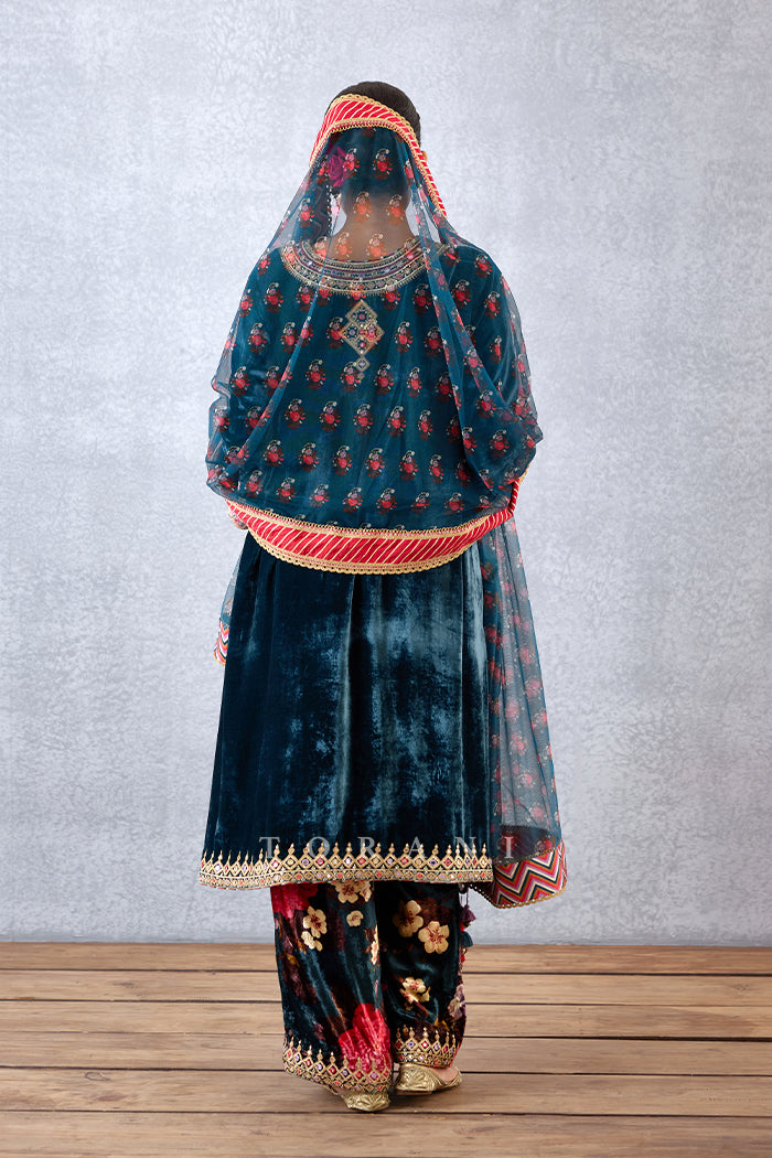 Navy Blue Kurta Set in Silk Velvet with Pant & DUpatta