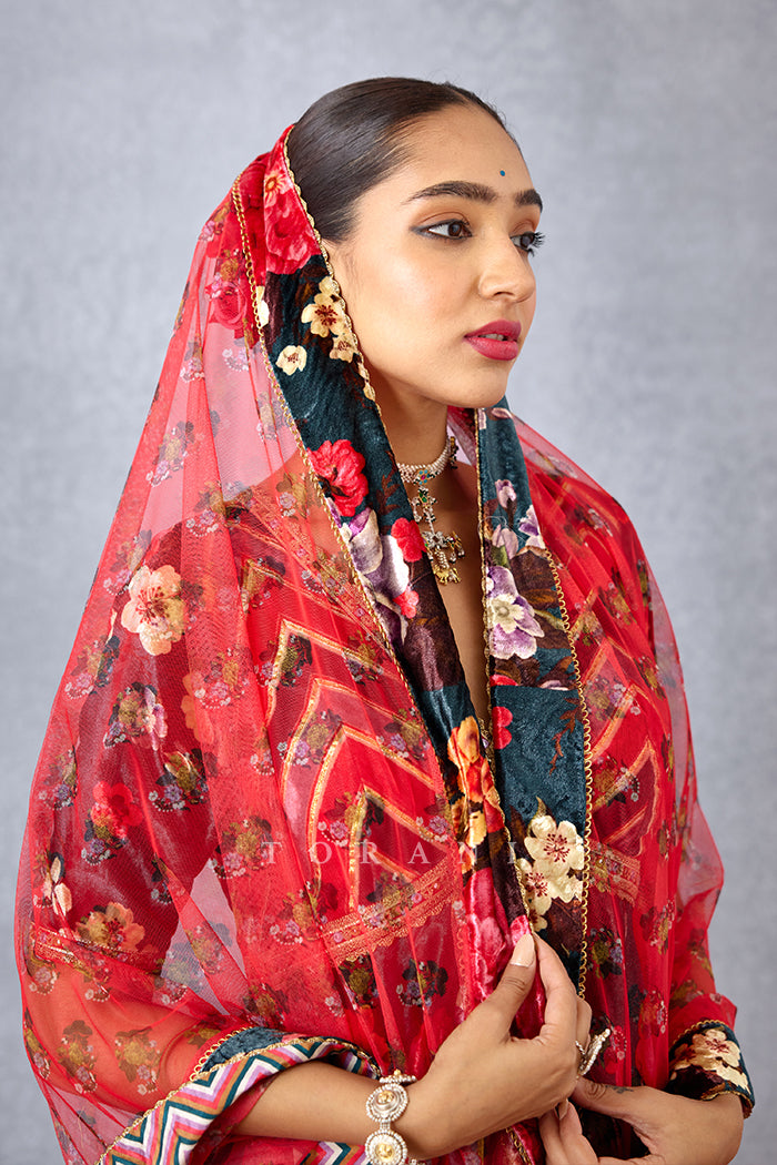 Navy Blue Silk Velvet Peplum Blouse with Odhani in Butterfly Net