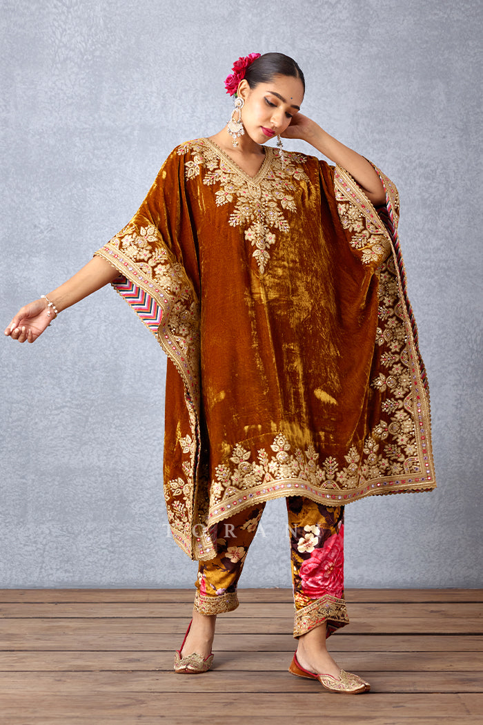 Ochre Yellow Kaftan Having Heavy Embroidered Yoke with Straight Cut Fit Silk Velvet Pants