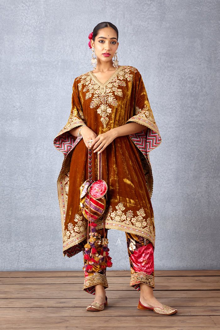 Silk Velvet Kaftan with Pants having Hand Adda Work