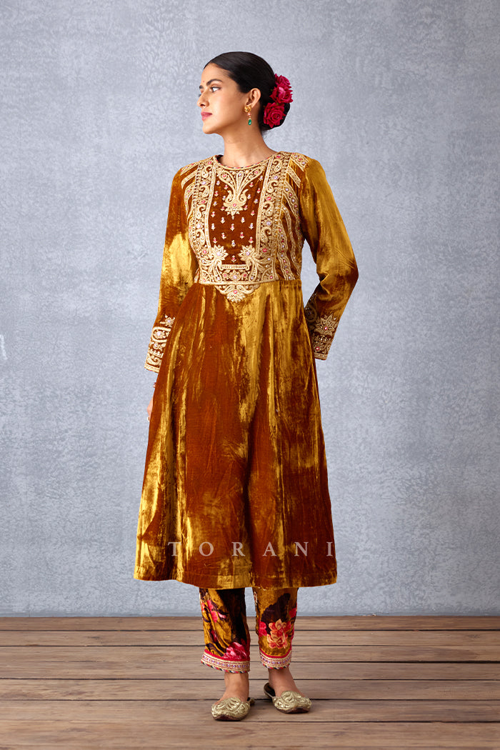 Ochre Yellow Hand Embroidered Yoke Kurta set in Silk Velvet