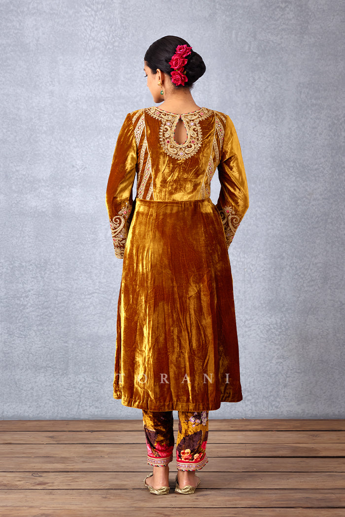 Ochre Yellow Hand Embroidered Yoke Kurta with Pants in Silk Velvet