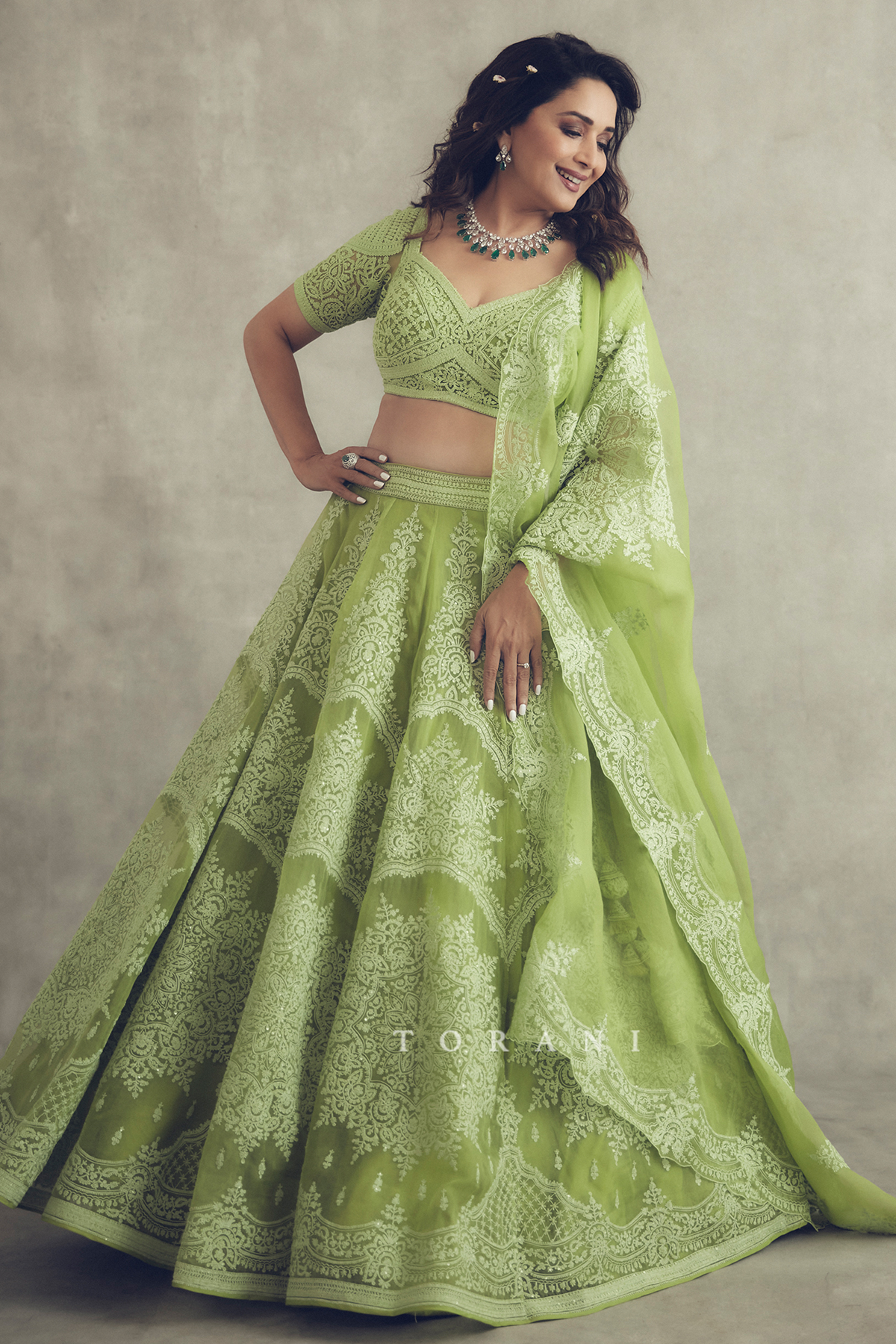 Madhuri Dixit in Green organza Lehenga Set