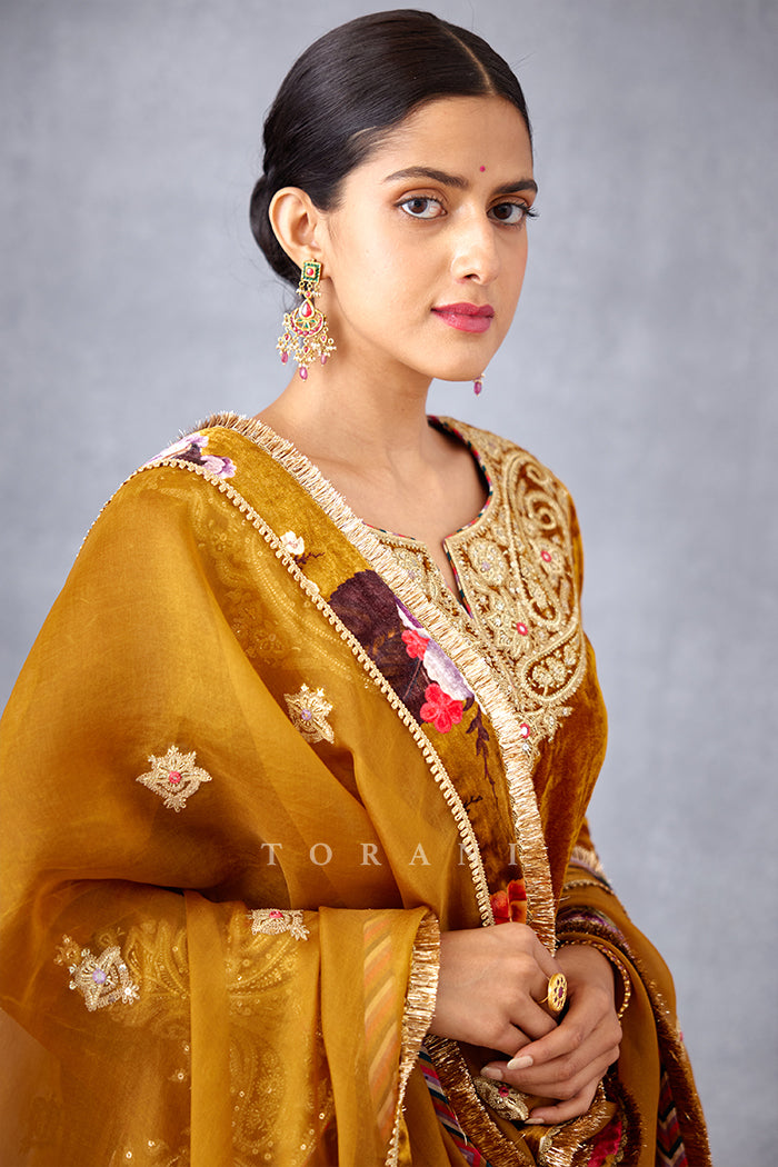 Partywear Yellow Sharara Set in Silk Velvet with Silk Organza dupatta