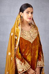 Ochre Yellow Short Embroidered Kurta in Silk Velvet with organza dupatta