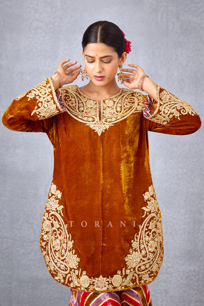 Ochre Yellow Sharara Set in Silk Velvet with Silk Organza dupatta