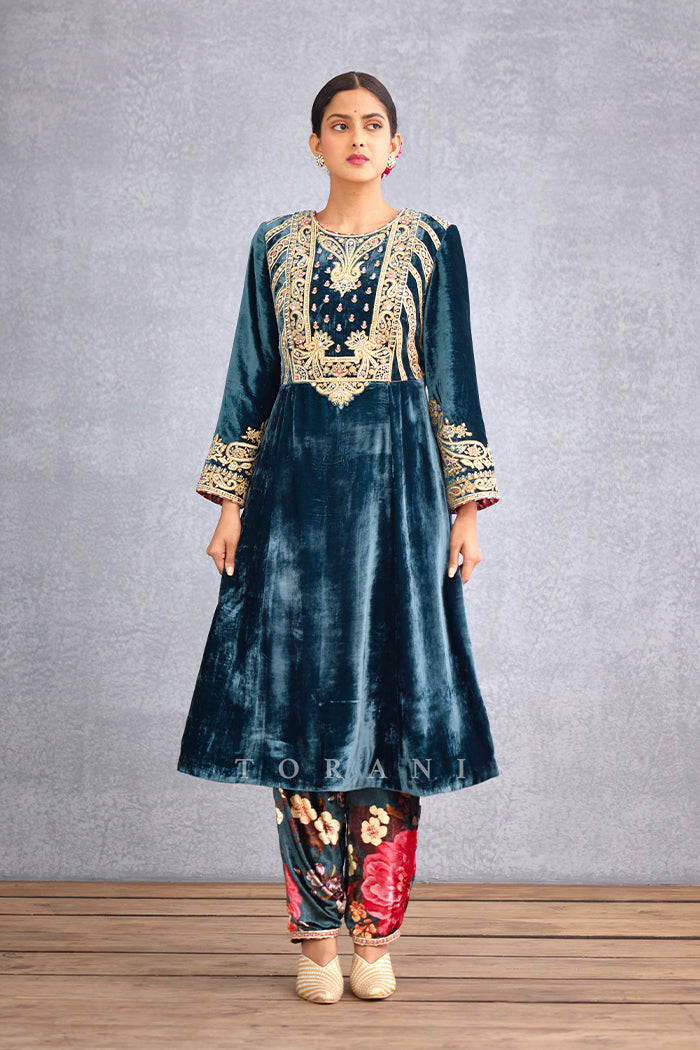 Navy Blue Hand Embroidered Yoke Kurta in Silk Velvet