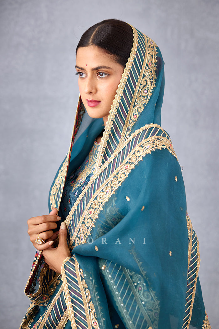 Navy Blue Front and Back Hand Embroidered Yoke Kurta in Silk Velvet with dupatta