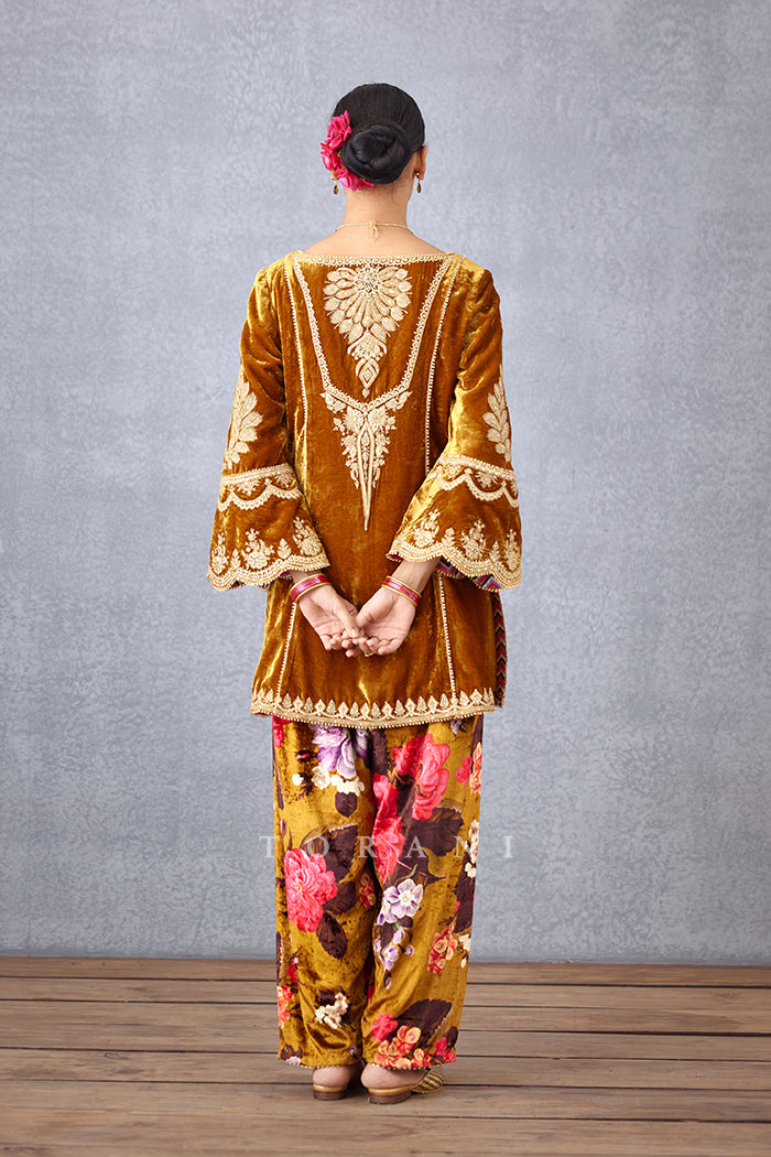 Ochre Yellow Heavy Hand Embroidered Short Kurta with Gota Detailing