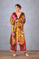 Ochre Yellow Floral Printed V-Neck Silk Velvet Kurta Set with Sheer Odhani in Silk Organza