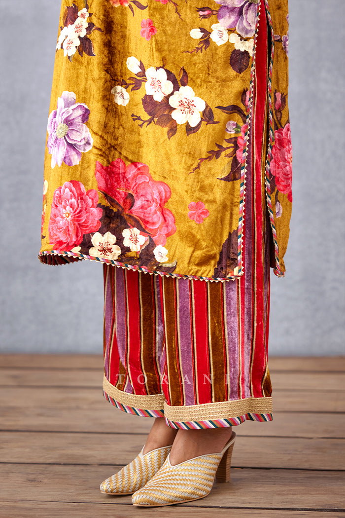 Printed V-Neck Silk Velvet Kurta Set with pants