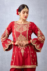 Red short kurta set in Luxurious Slub Silk for wedding