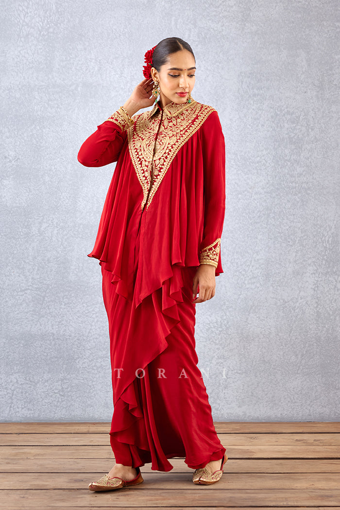 Red Embroidery DHOTI KAMEEZ SET by Torani