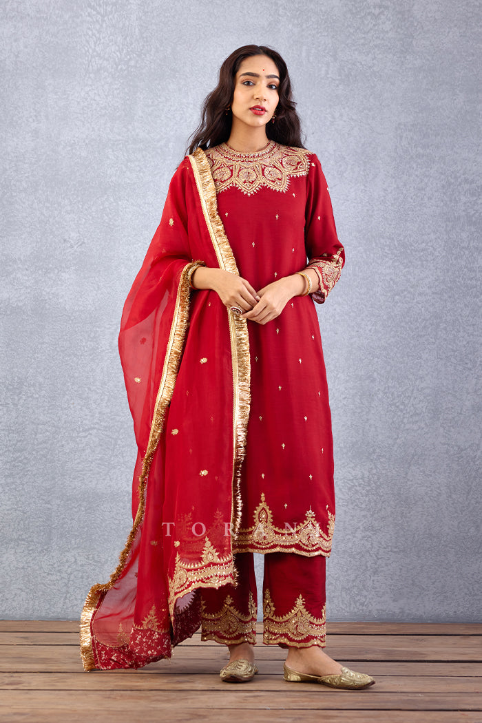 bright red Round neck Kurta Set