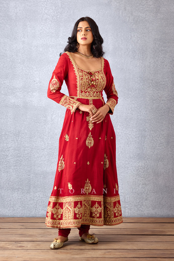 Embroidered Bridal Anarkali Set in Luxurious Slub Silk