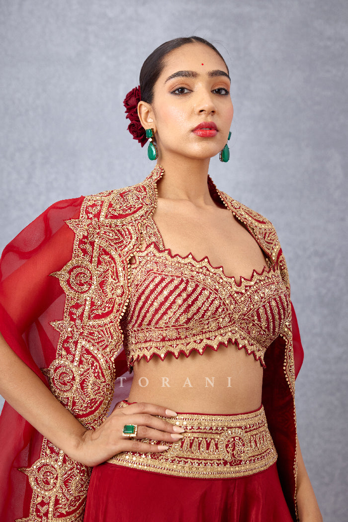 Red Dori embroidery Cape with Hand Adda Work