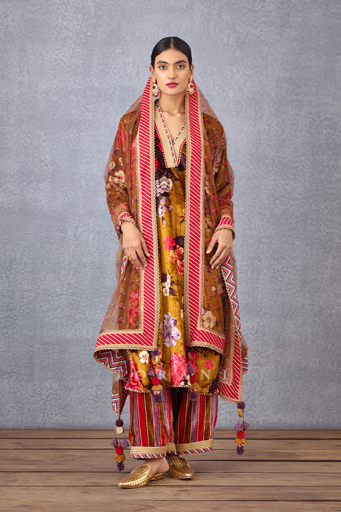 Ochre Yellow Chintz Printed V-Neck Silk Velvet Kurta Set