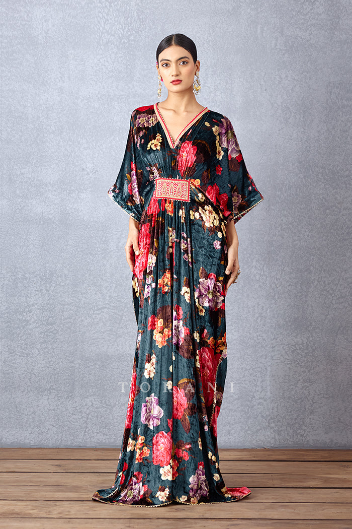 Navy Blue Chintz Printed Free Size Kaftan with Belt Detailing on Waist in Silk Velvet