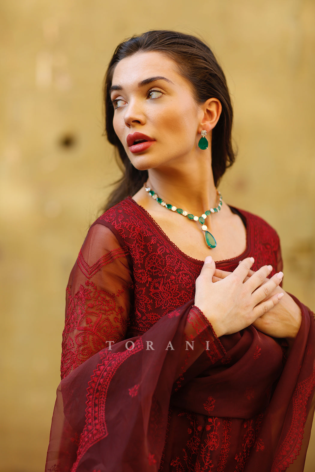 Amy Jackson in Burgundy Paavni Julaba Set from TORANI