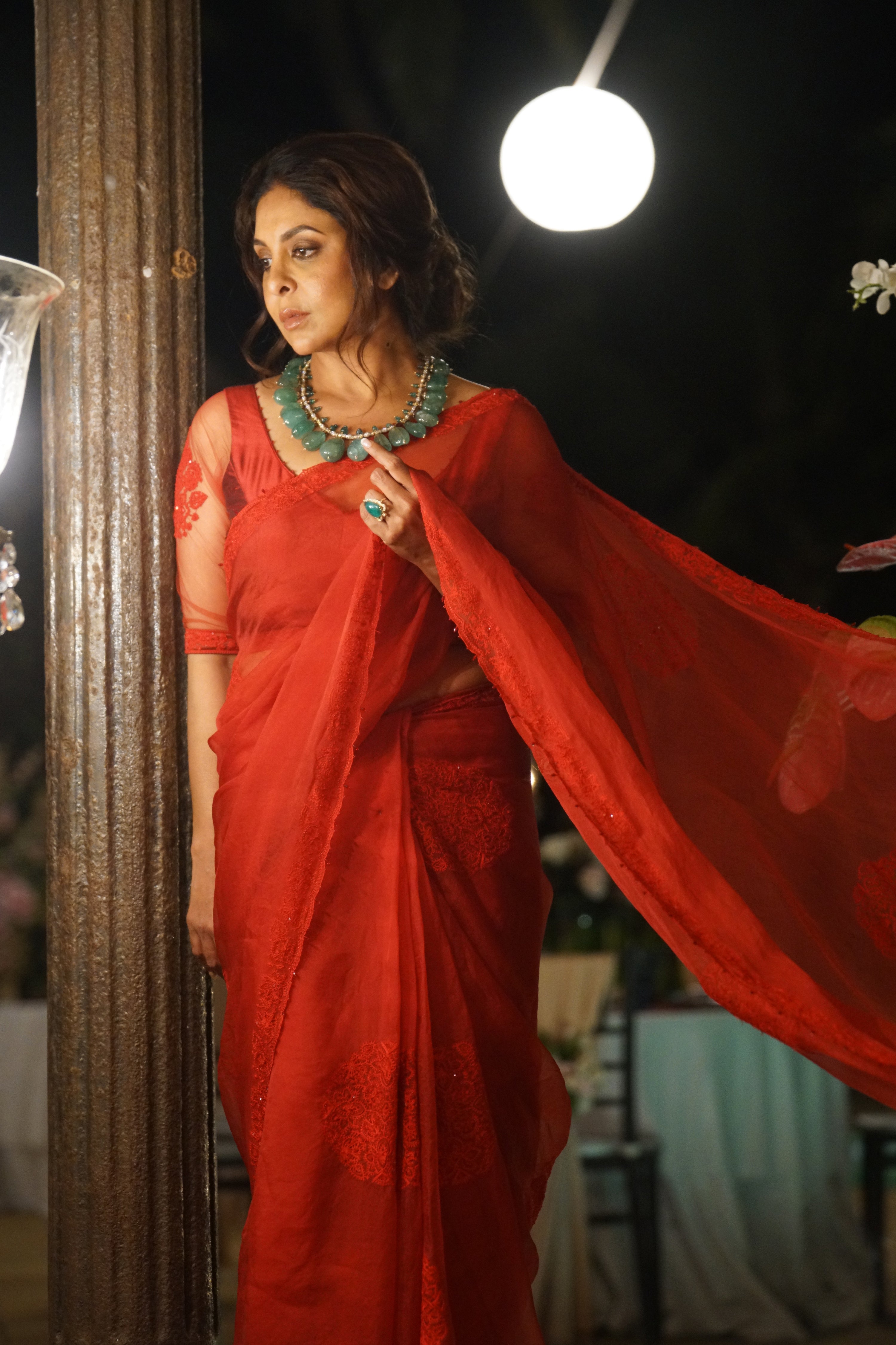 Shefali Shah in our Custom Surkh Aadira Saree Set