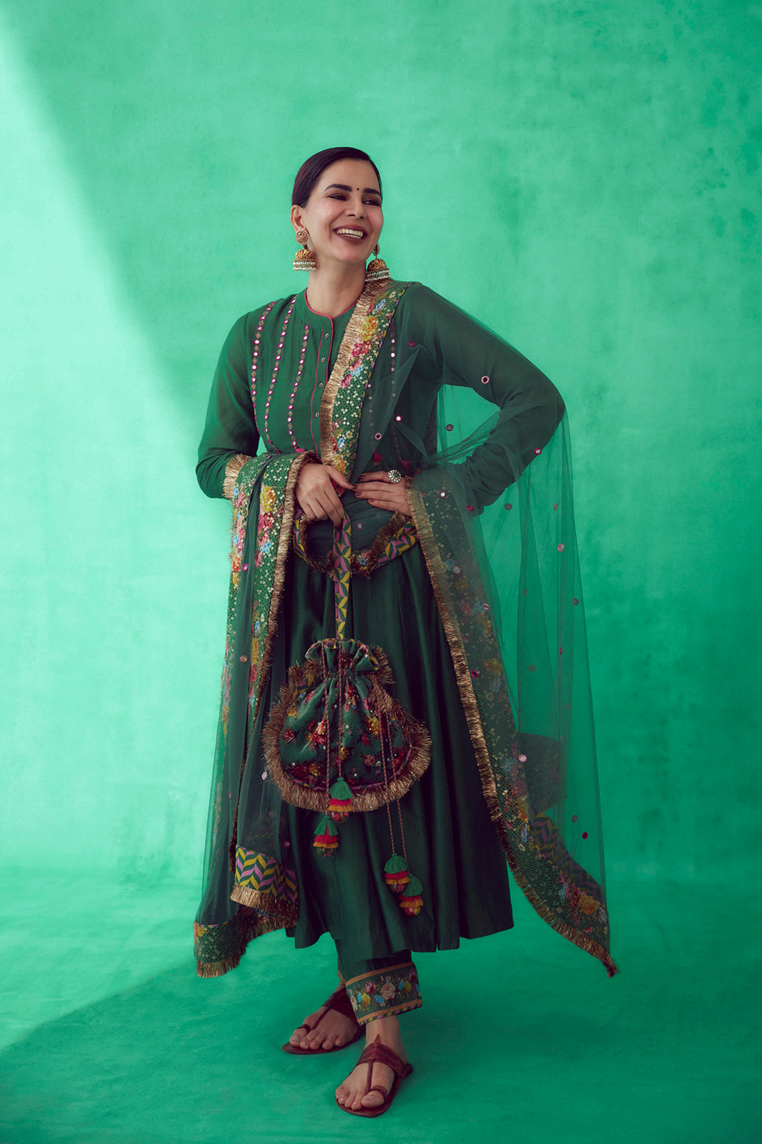 Kirti Kulhari in our Panna Sitara Raisah Ghera Set with Panna Aastika Odhni