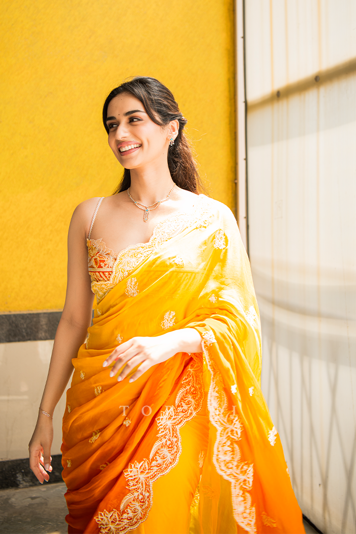 Manushi Chhillar in our Kasmai Gairik Brinda Saree Set