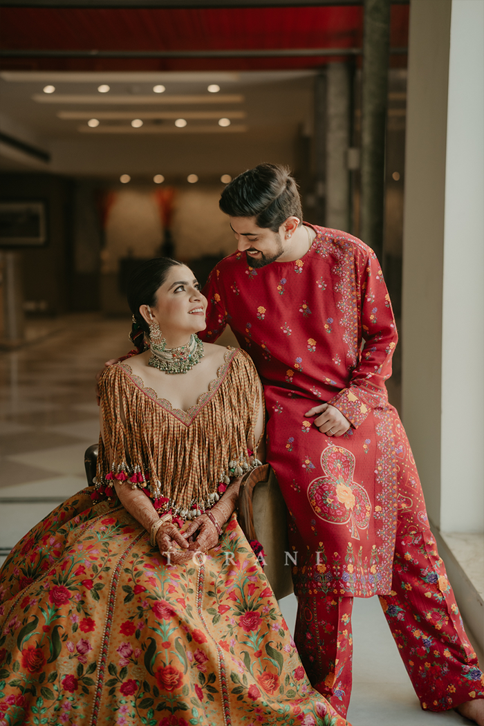 Aakrati and Vaibhav in our Dil Seher Bhavi Lehenga Set &amp; Dil Surkh Mamun Kurta Set