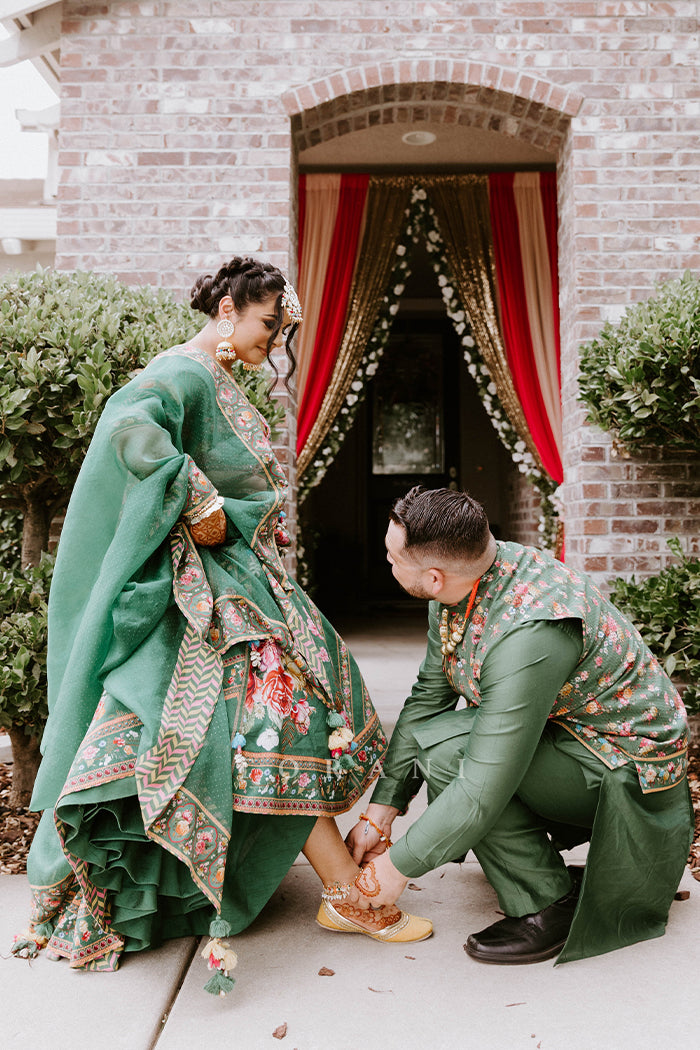 Amandeep Gill in our Panna Waheeda Lehenga Set &amp; Demitri in our Panna Gulfam Bandi Set